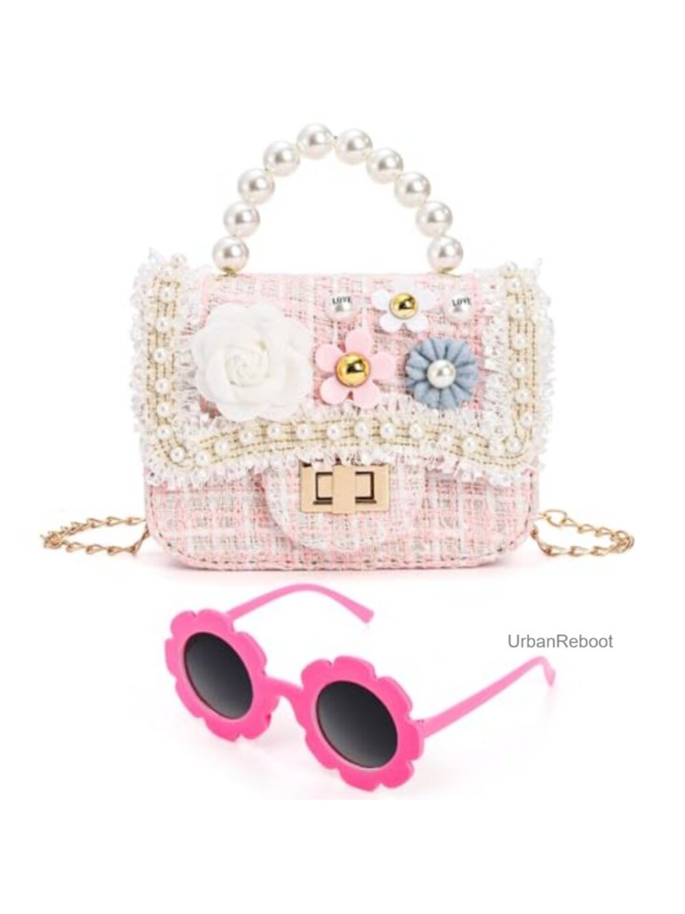 Girls Mini Purse with Sunglasses PU Leather Pearl Flower Chain Bag